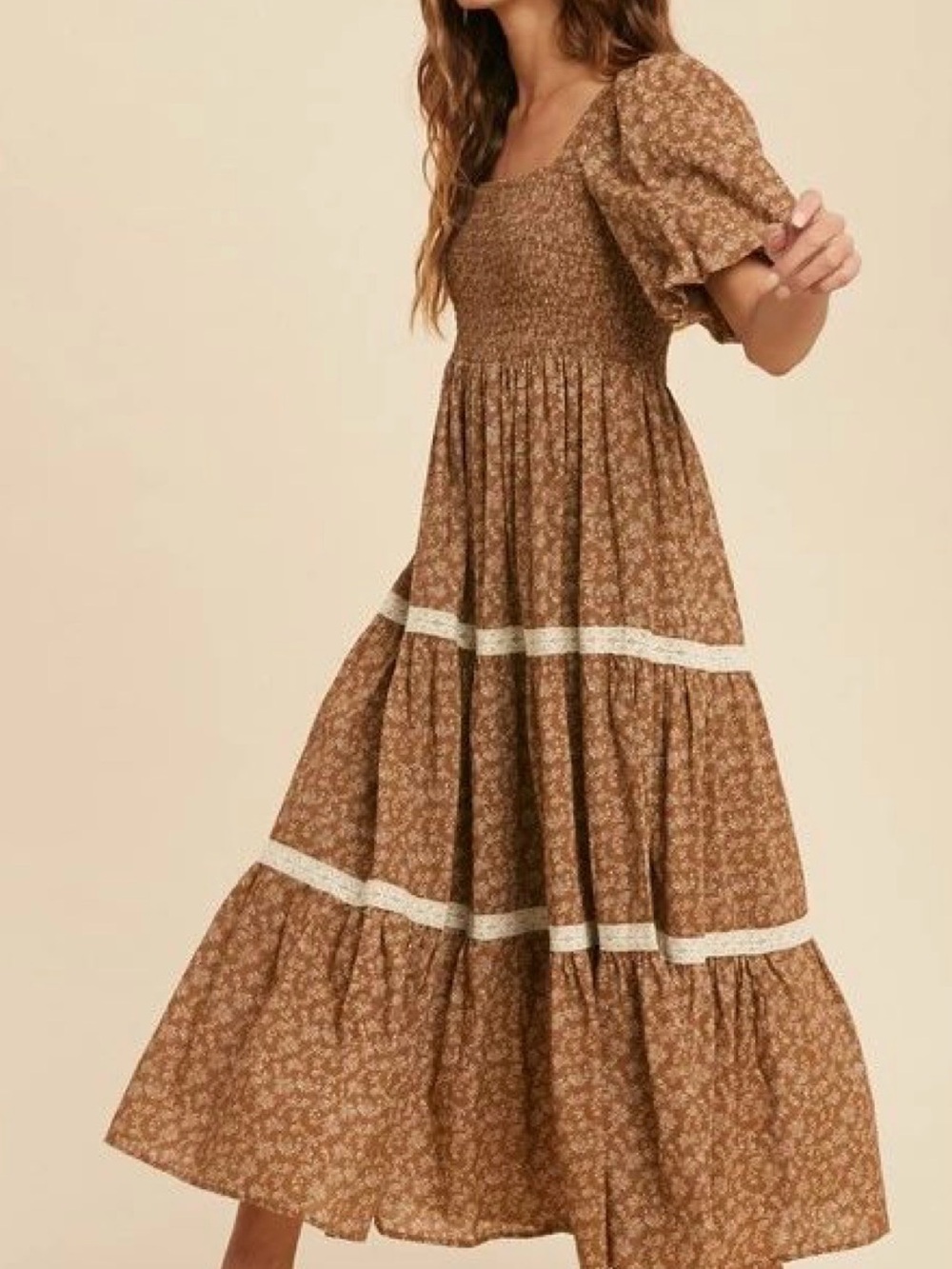 Brown Floral BÖHME Smocked Dress with Puff Sleeves